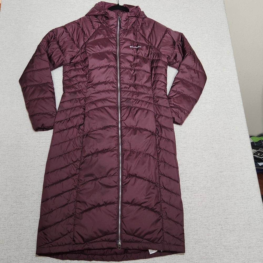 Columbia Puffer Jacket Womens L Plum Long Hooded Quilted Full Zip XK9618